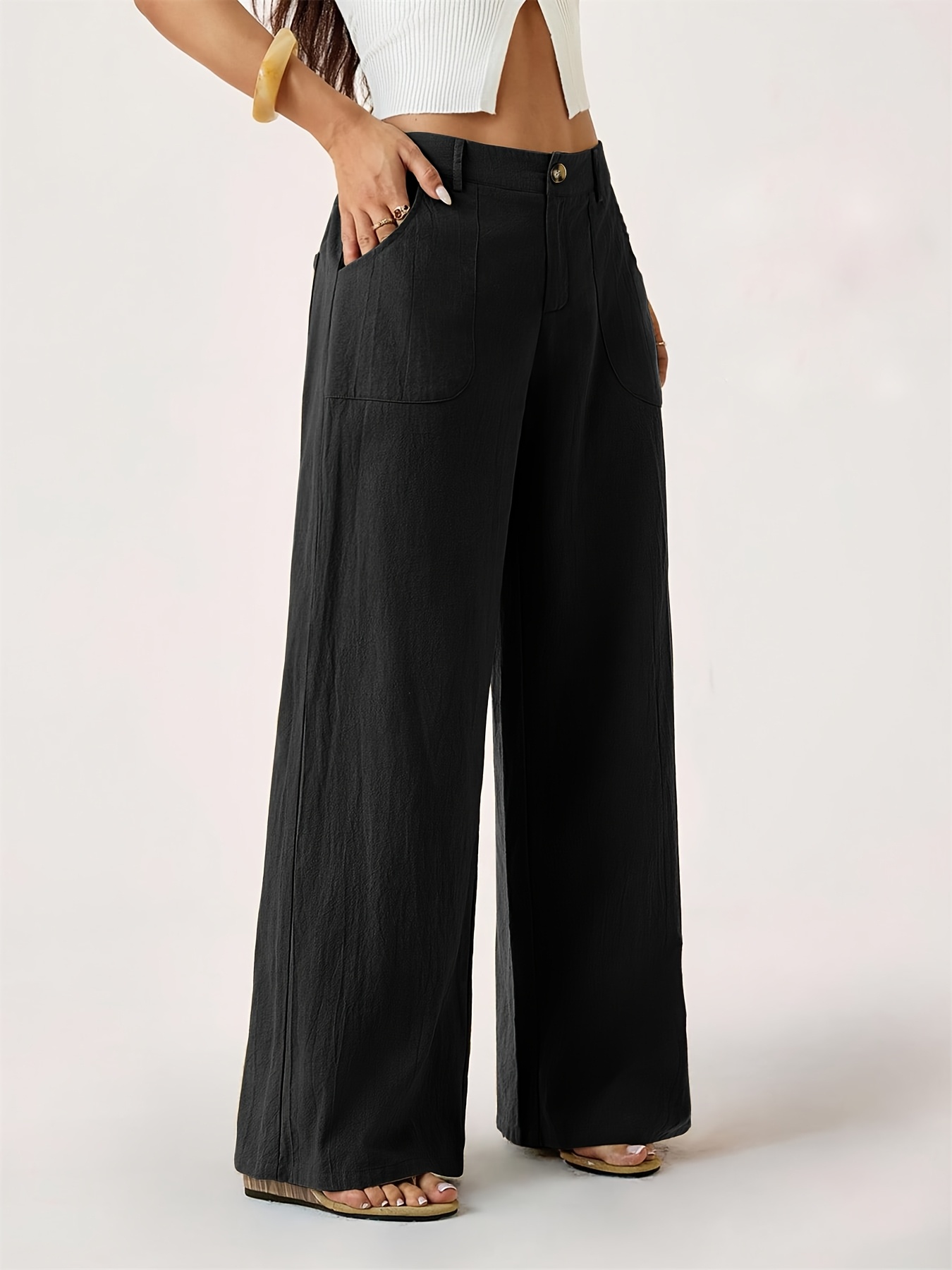 High Waist Linen Straight Leg Pants, Women's Summer Airy Wide Leg Trousers with Elastic Back & Big Pockets, Work Casual
