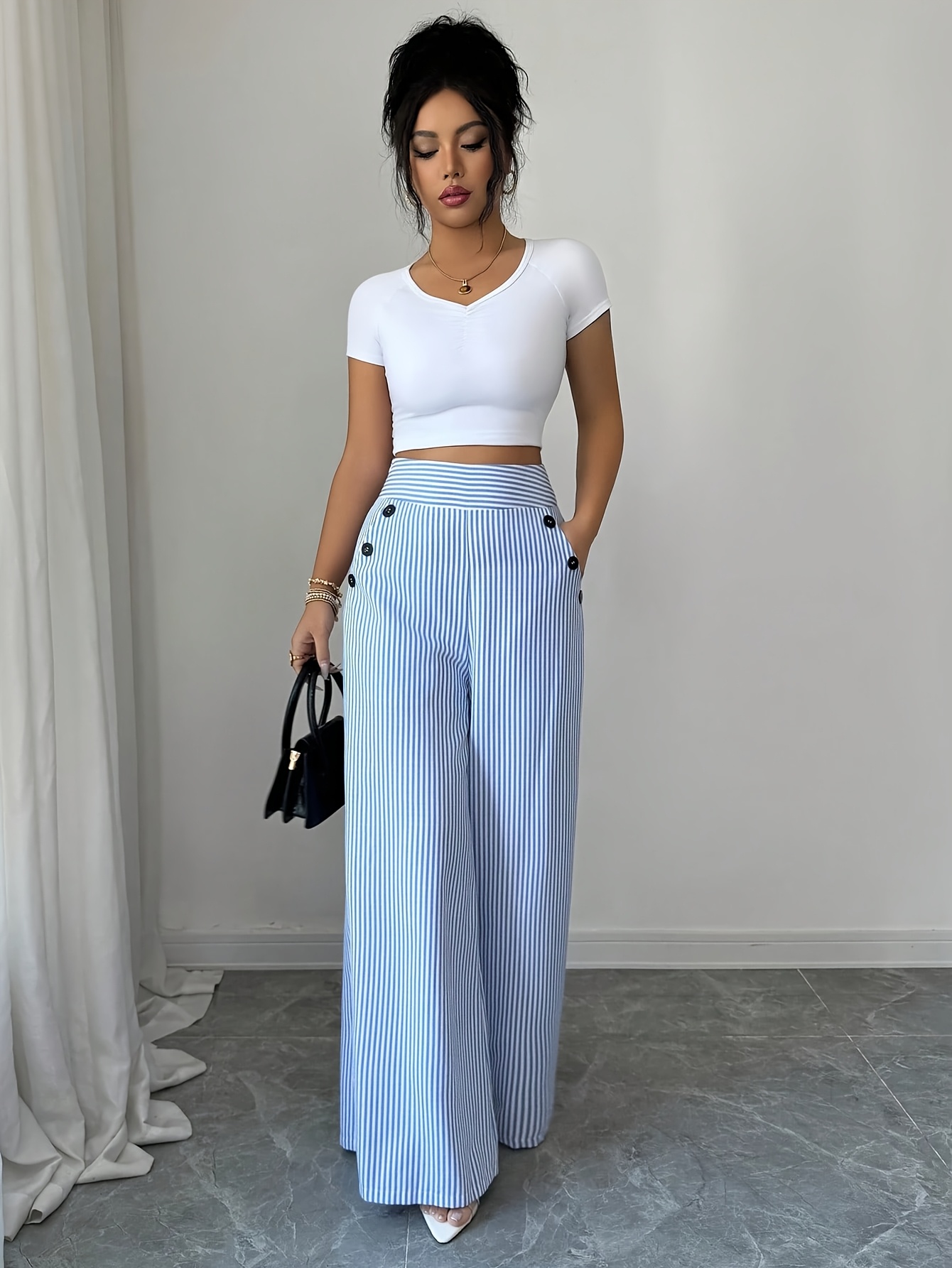 Women's Korean-Style High-Waist Wide-Leg Trousers - Blue & White Striped Straight-Leg Pants with Button Pocket Design, Loose Fit Suitable for Commuting, Casual, Formal Wear, All-Season Machine Washable Elegant Pants - Image 3