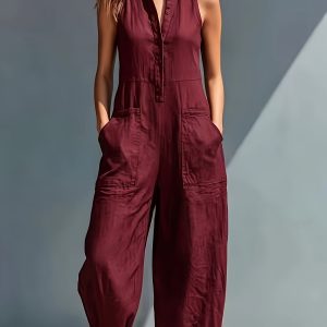 Elegant Women's Vintage Solid Color Jumpsuit for Spring/Summer, Stand-Up Collar, Sleeveless with Loose Legs, Suitable for Stylish Workwear and Comfortable Casual Wear