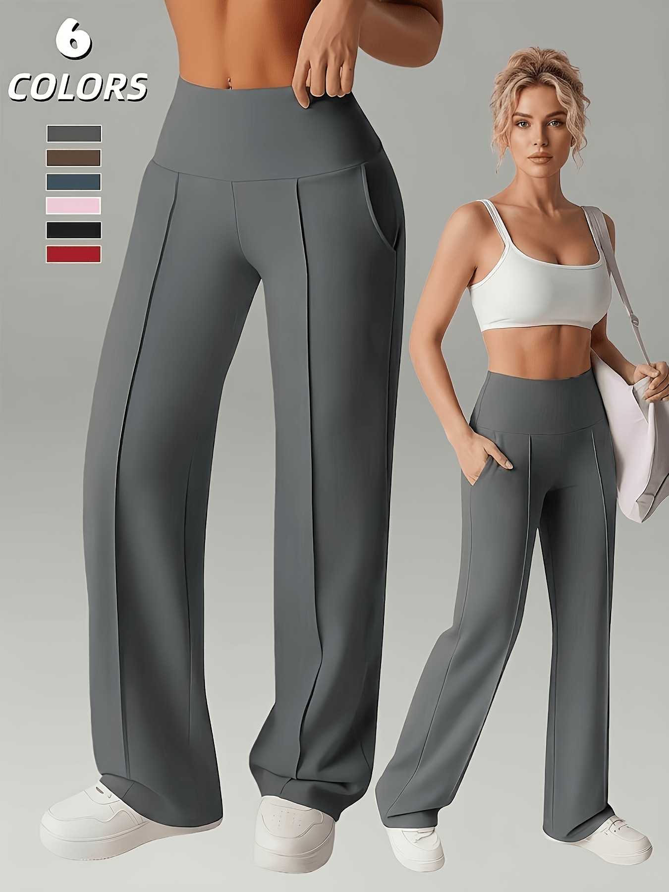 Women'S Leggings, 1pc Straight Wide-Leg Pants, Athletic Quick-Dry Yoga Pants with Pockets, Commuter-Friendly Yoga Trousers, Stretch Athletic Pants High-Waist Leggings, Slight Flared Skinny Pants - Image 5