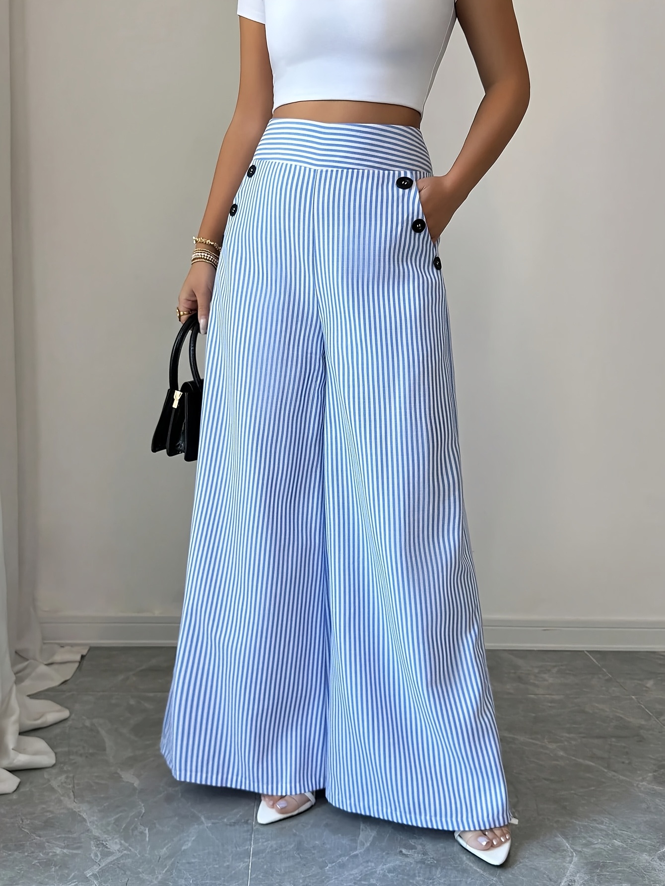 Women's Korean-Style High-Waist Wide-Leg Trousers - Blue & White Striped Straight-Leg Pants with Button Pocket Design, Loose Fit Suitable for Commuting, Casual, Formal Wear, All-Season Machine Washable Elegant Pants - Image 4