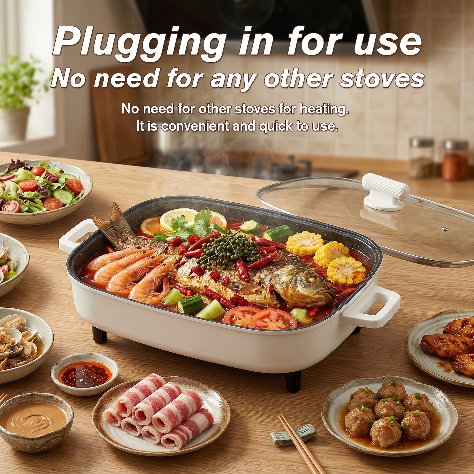 Non-stick Multifunctional Electric Cooking Pot with Aluminum Alloy Inner Pot, Glass Lid And Knob Thermostat. All-in-one for Frying, Grilling, Braising, Stewing And Hot Pot, Serves 2-6 People. Ideal for Home, Parties, Camping And Holiday Gifts. - Image 10