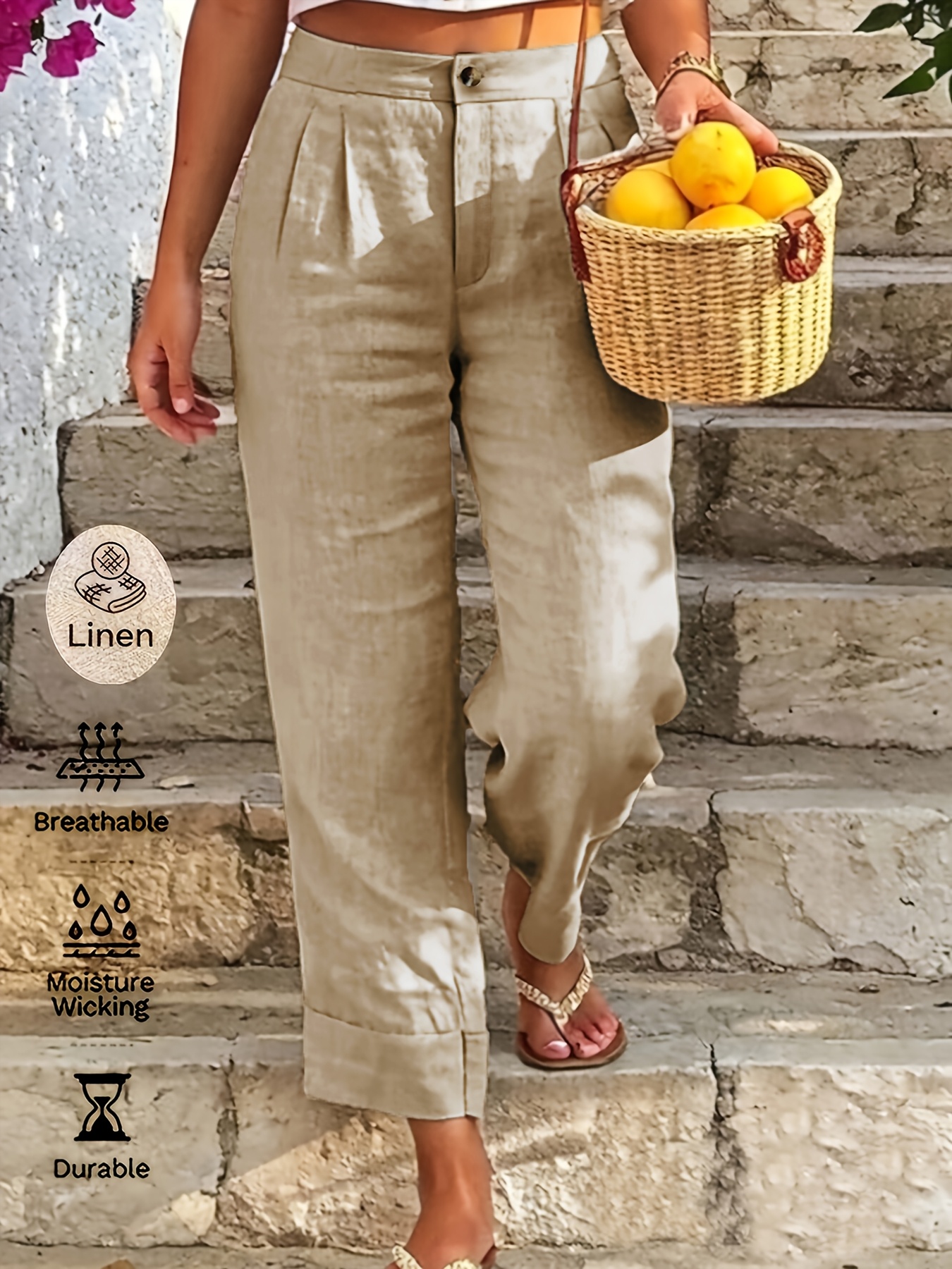 Women's Solid Color Pleated Casual Linen Capri Pants, Women's Casual Vacation Style Comfortable Linen Trousers - Image 3