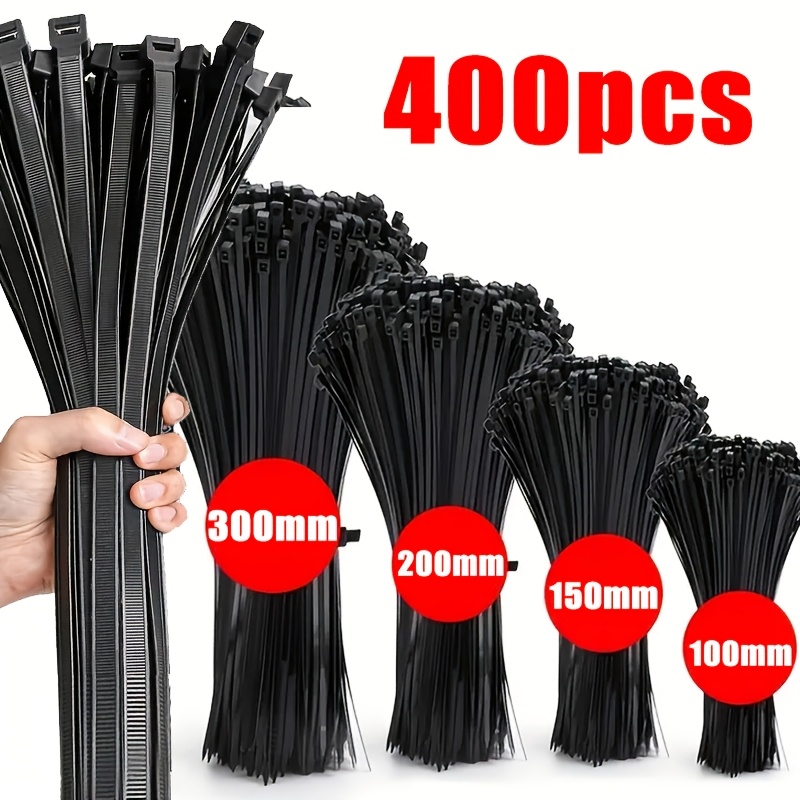400pcs Black Self-Locking Nylon Cable Ties Multi-Size Bundle (4In/6In/8In/12In) Tensile Strength 40Lbs Self-Locking Premium Nylon Cable Ties Indoor Outdoor Use