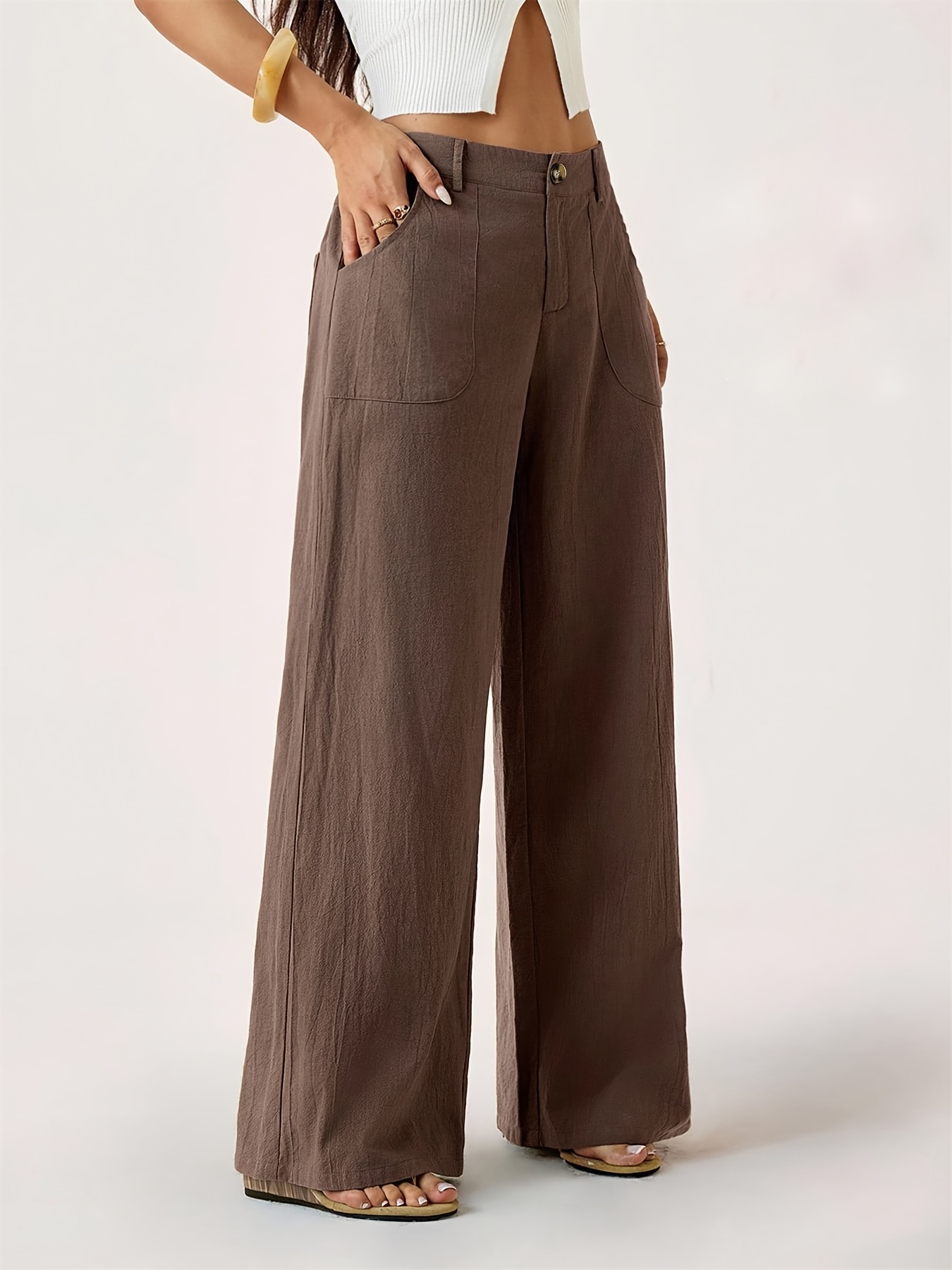 High Waist Linen Straight Leg Pants, Women's Summer Airy Wide Leg Trousers with Elastic Back & Big Pockets, Work Casual - Image 9