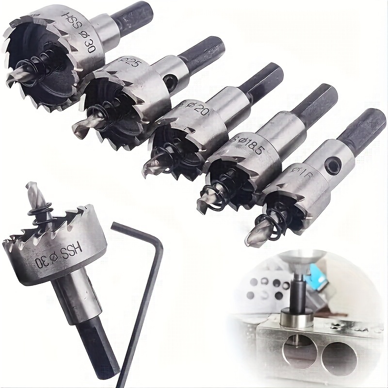 5pcs HSS Drill Bit Set with Tips | 16/18.5/20/25/30mm for Metal Wood, Bright End, Slow Spiral Flute, Triangle Shank, BUFF STACK FULL