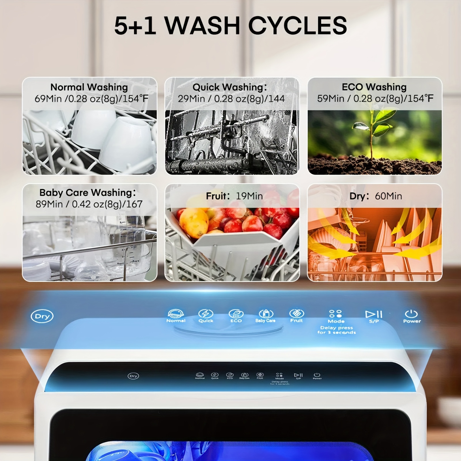 Countertop Dishwasher with 5+1 Programs, Baby Care, Dual Spray, High-Temp, Air-Dry, Timeing Function, No Hookup Needed, Portable Dishwasher with 1.32gal Built-in Water Tank, Mini Dishwasher for Home, Apartments, RVs - Image 8