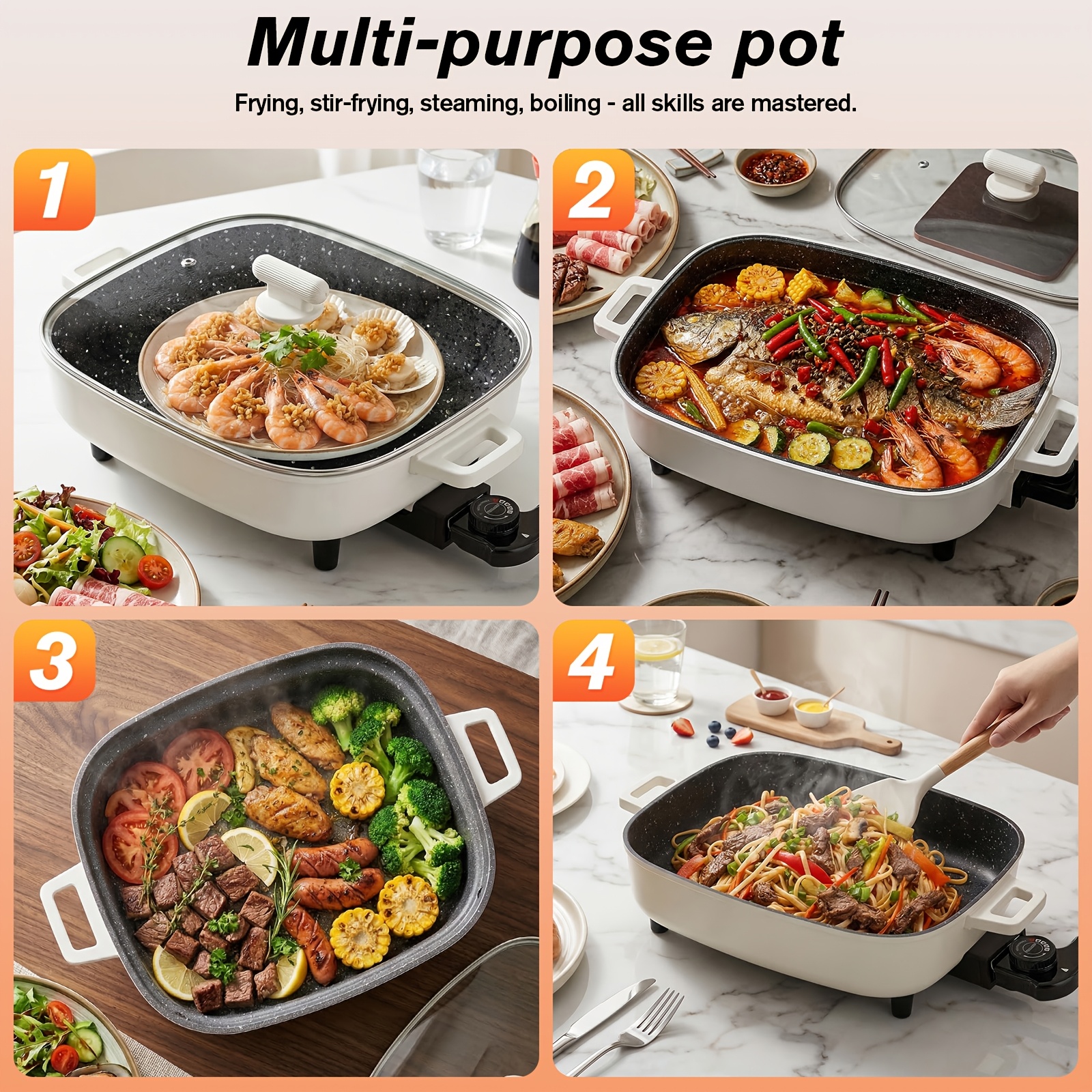 Non-stick Multifunctional Electric Cooking Pot with Aluminum Alloy Inner Pot, Glass Lid And Knob Thermostat. All-in-one for Frying, Grilling, Braising, Stewing And Hot Pot, Serves 2-6 People. Ideal for Home, Parties, Camping And Holiday Gifts. - Image 3
