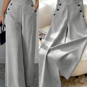 New Korean Style Spring And Summer Fashion Easy Elegant Black And White Striped Trousers, High-Waisted Straight Loose Casual Women'S Pants