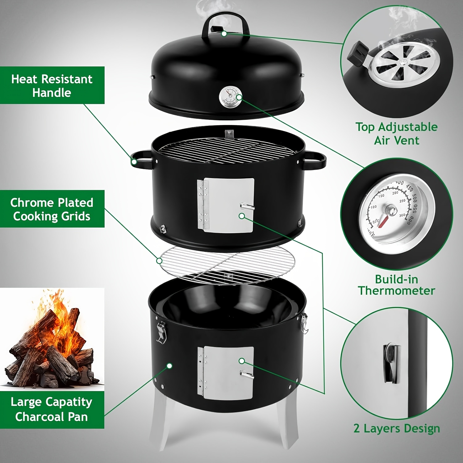 Vertical Charcoal Smoker Grill - 17-Inch 3-Tiers, Portable Zinc Alloy BBQ Grill with Temperature Control, 3 Cooking Levels & Griddle Top, Includes Handles Grates & Tongs, for Camping Backyard Outdoor Cooking, Compact Design, Durable Construction - Image 2