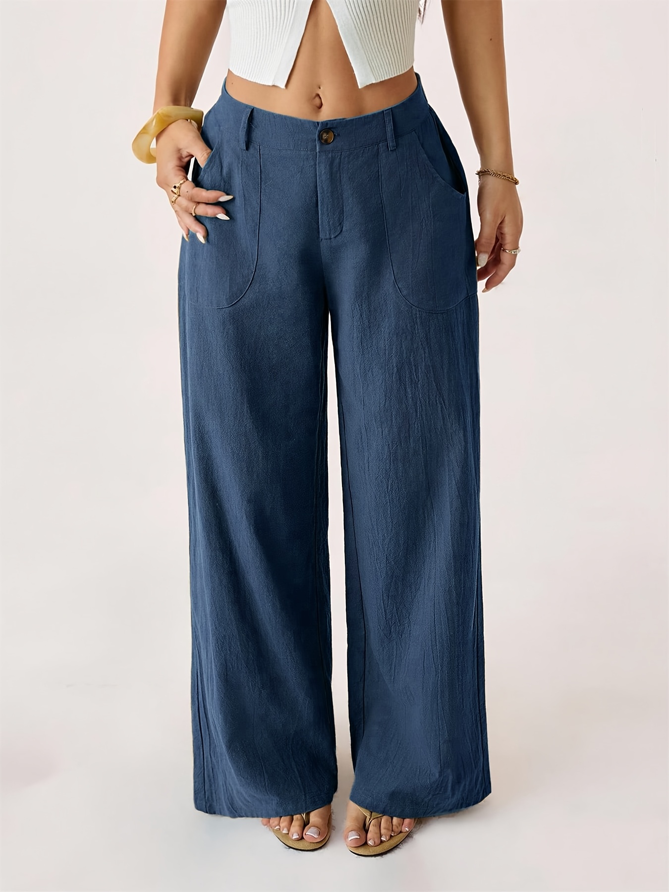 High Waist Linen Straight Leg Pants, Women's Summer Airy Wide Leg Trousers with Elastic Back & Big Pockets, Work Casual - Image 8