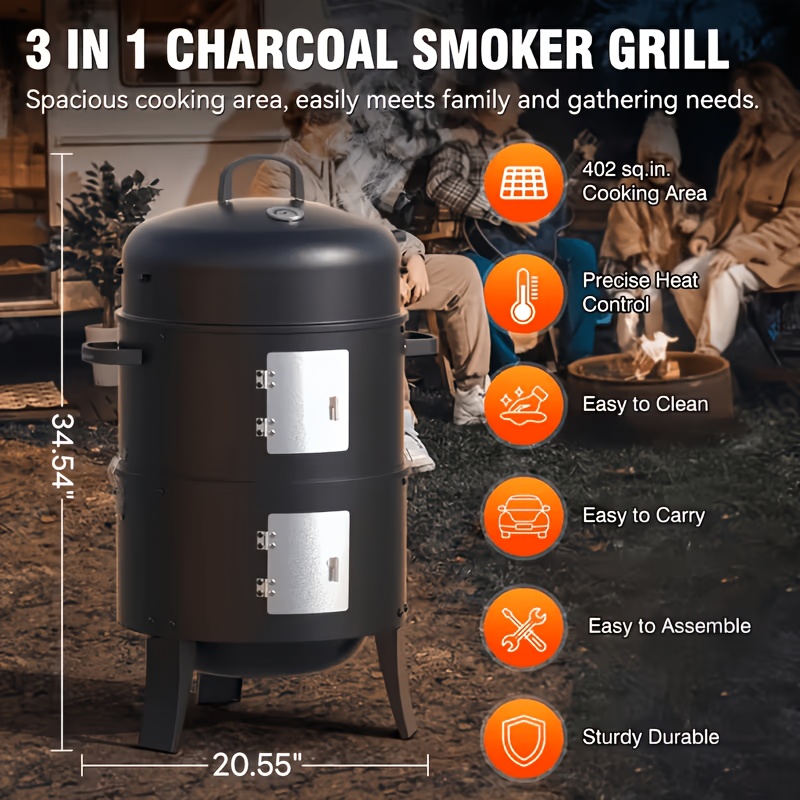 Vertical Charcoal Smoker Grill - 17-Inch 3-Tiers, Portable Zinc Alloy BBQ Grill with Temperature Control, 3 Cooking Levels & Griddle Top, Includes Handles Grates & Tongs, for Camping Backyard Outdoor Cooking, Compact Design, Durable Construction - Image 9