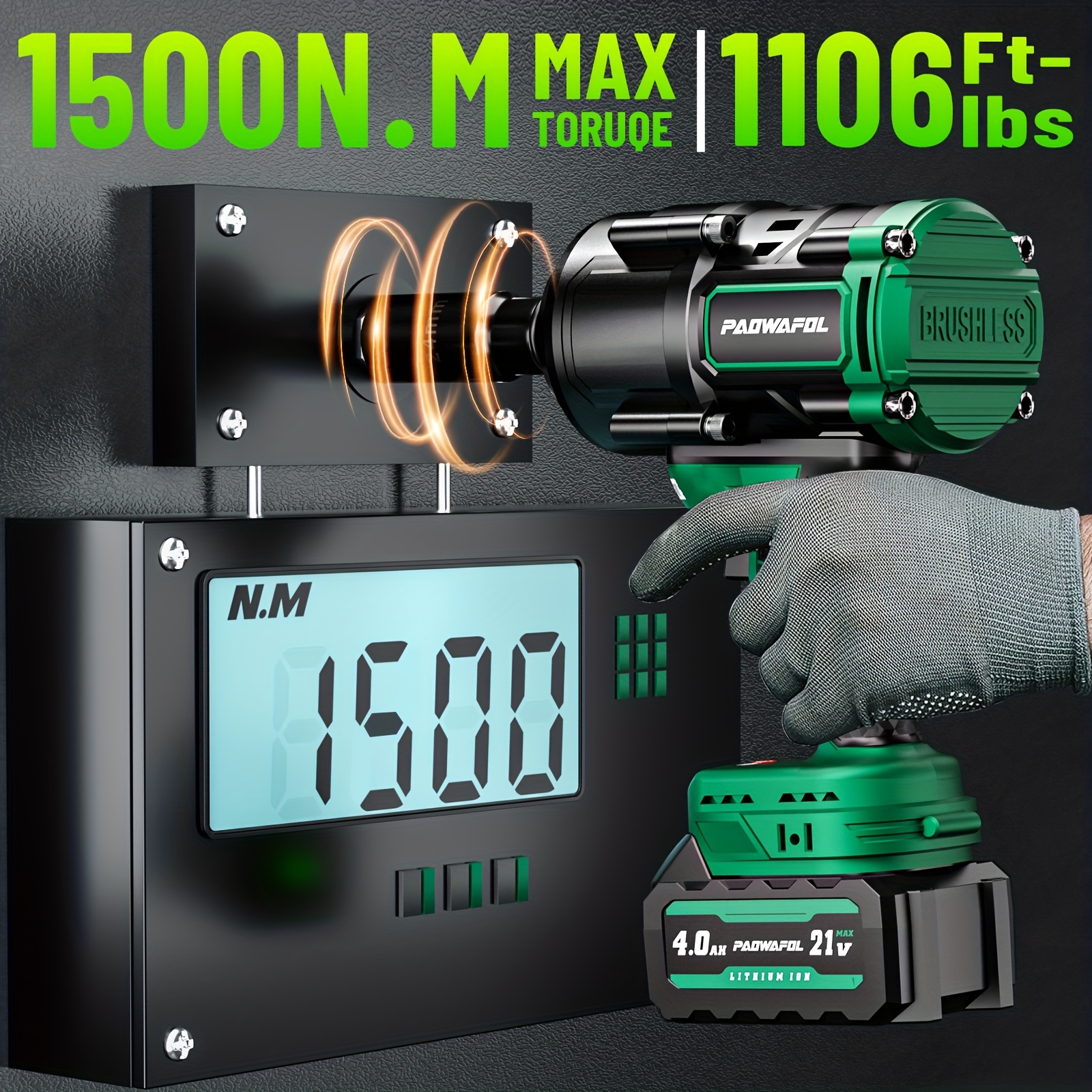 Cordless Impact Wrench | 21V Brushless 1500Nm High Torque (1/2" Drive + 2*4.0AH Batteries + Fast Charger) | for Home Users/Auto Mechanics Car/Truck Tire Removal & Installation | with 5 Sockets + Carry Case Durable & Portable - Image 4