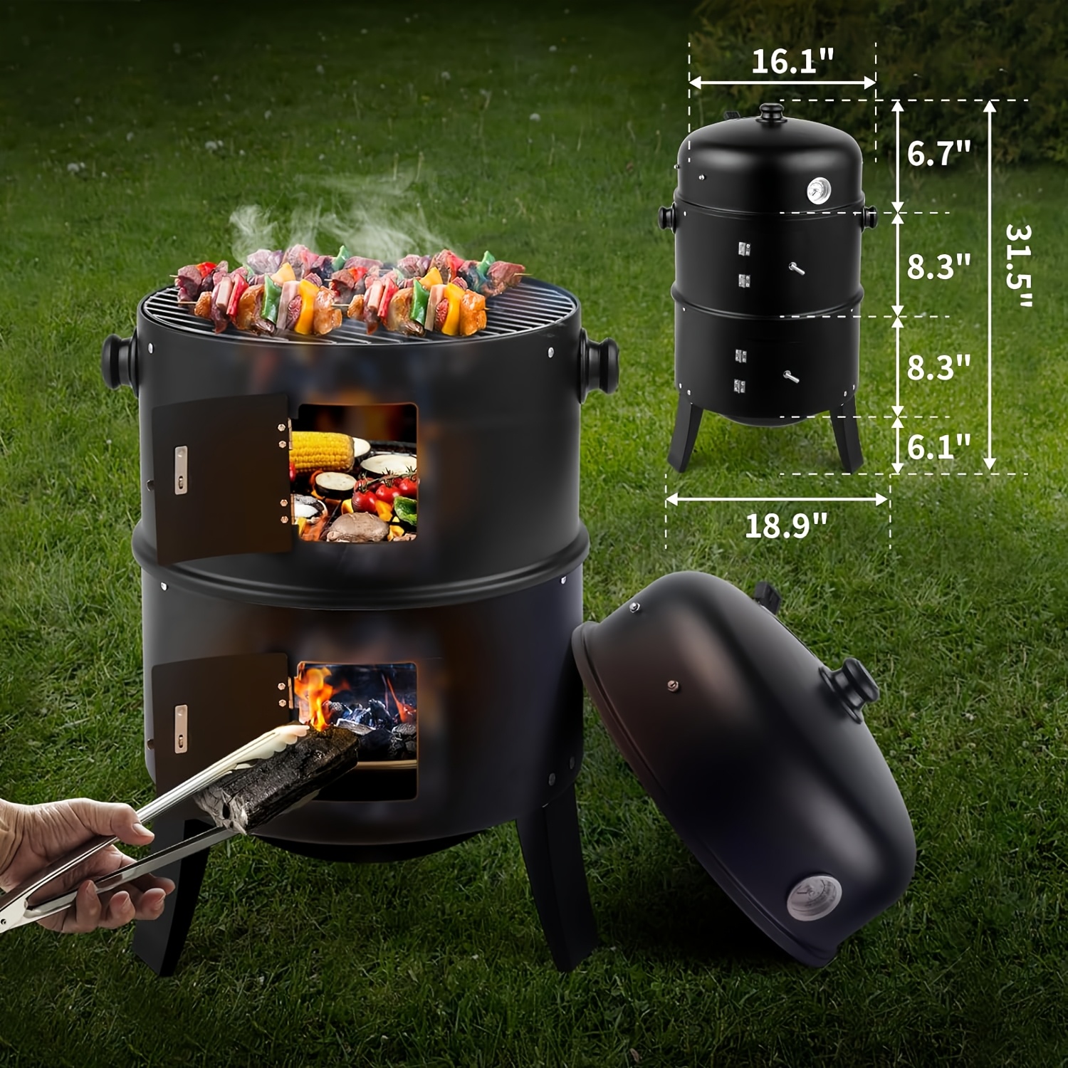Vertical Charcoal Smoker Grill - 17-Inch 3-Tiers, Portable Zinc Alloy BBQ Grill with Temperature Control, 3 Cooking Levels & Griddle Top, Includes Handles Grates & Tongs, for Camping Backyard Outdoor Cooking, Compact Design, Durable Construction - Image 4