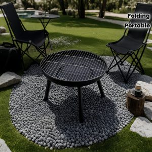 1 Set Foldable Outdoor Camping Fire Pit, Charcoal Stove, Wood-Burning Heater, Portable Design with Carbon Steel Base & Solid Iron Grate, Integrated Handle, Includes Bonus Mesh Net and Fire Hook – Ideal for Camping, Heating, and Multi-Scene Use
