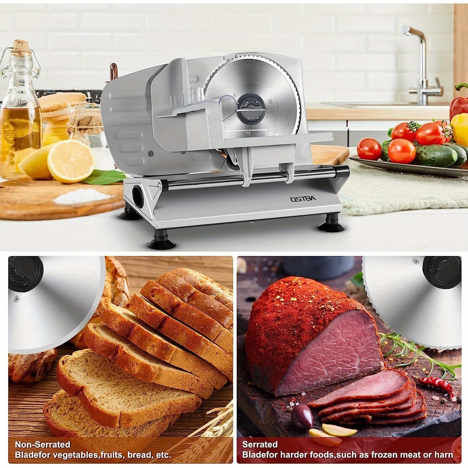 OSTBA Meat Slicer Electric Deli Food Slicer with Two Removable Stainless Steel Blades And Food Carriage, Adjustable Thickness Meat Slicer for Home, Food Slicer Machine for Meat, Cheese, Bread - Image 5