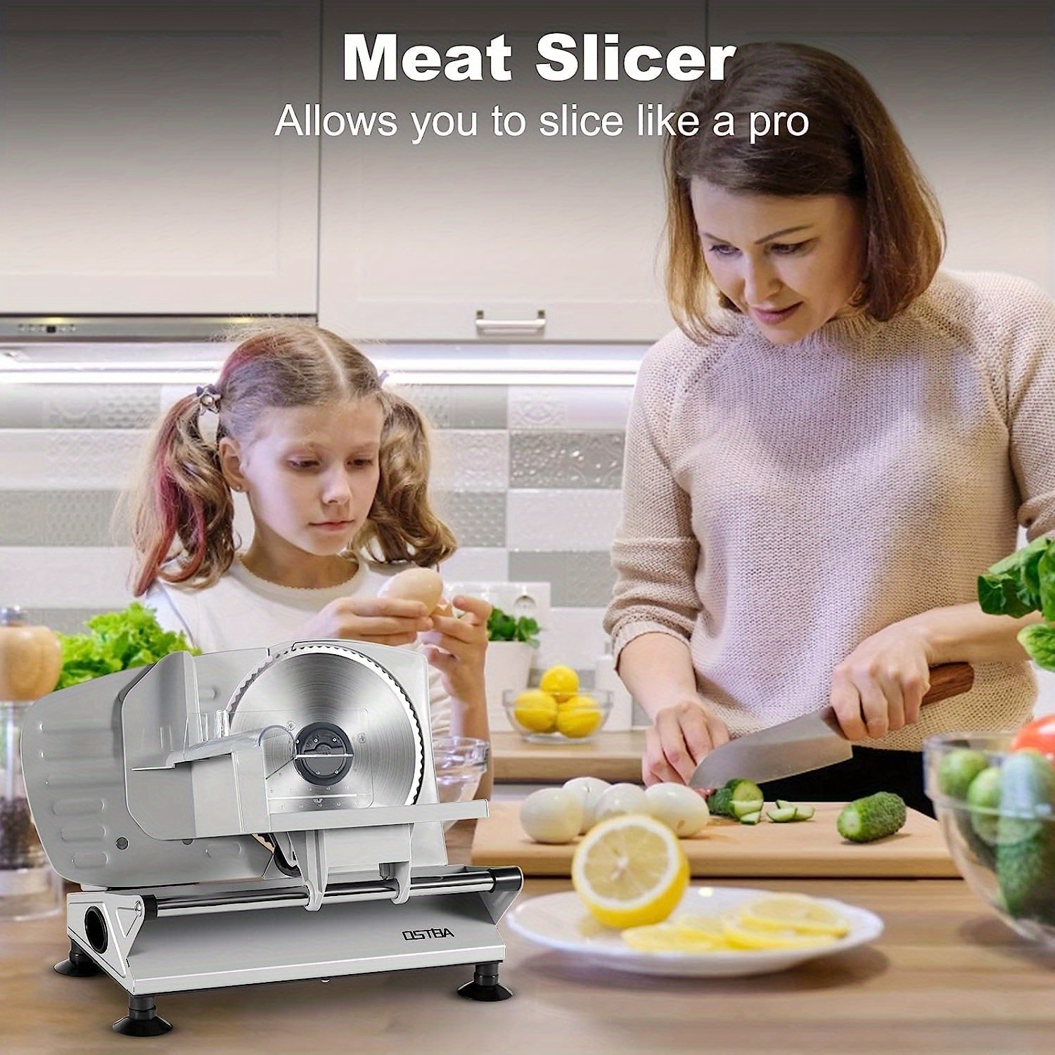 OSTBA Meat Slicer Electric Deli Food Slicer with Two Removable Stainless Steel Blades And Food Carriage, Adjustable Thickness Meat Slicer for Home, Food Slicer Machine for Meat, Cheese, Bread - Image 2