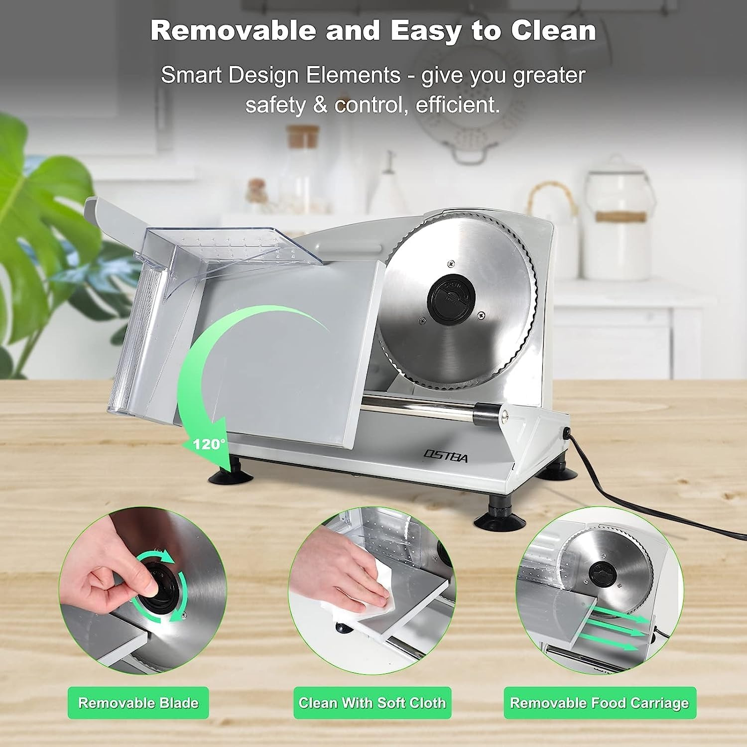 OSTBA Meat Slicer Electric Deli Food Slicer with Two Removable Stainless Steel Blades And Food Carriage, Adjustable Thickness Meat Slicer for Home, Food Slicer Machine for Meat, Cheese, Bread - Image 3
