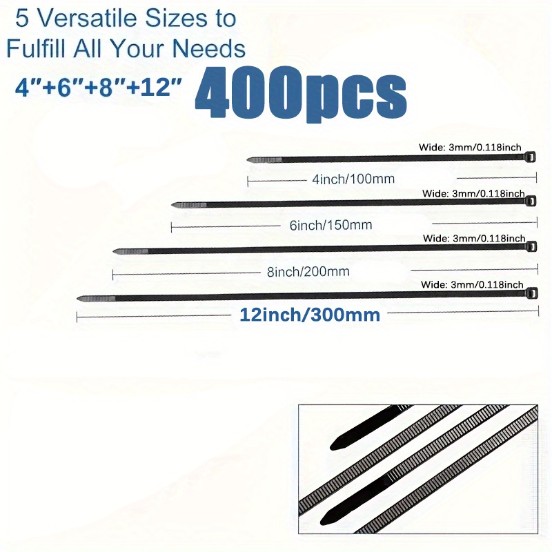 400pcs Black Self-Locking Nylon Cable Ties Multi-Size Bundle (4In/6In/8In/12In) Tensile Strength 40Lbs Self-Locking Premium Nylon Cable Ties Indoor Outdoor Use - Image 4