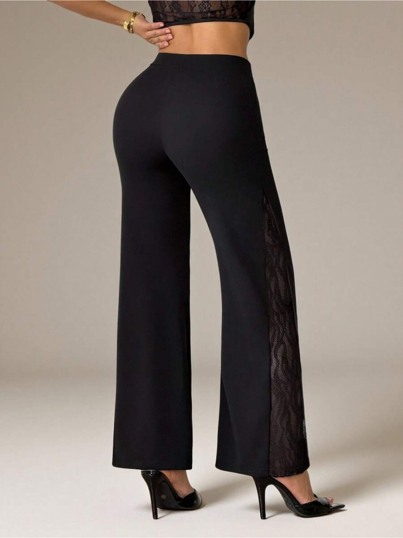 Women's High-Stretch Wide Flare Leg Pants with Lace Paneling - Solid Black Trousers Suitable for Spring/Autumn, Hand Washable Bell-Bottoms for Casual & Dressy Outfits - Image 3