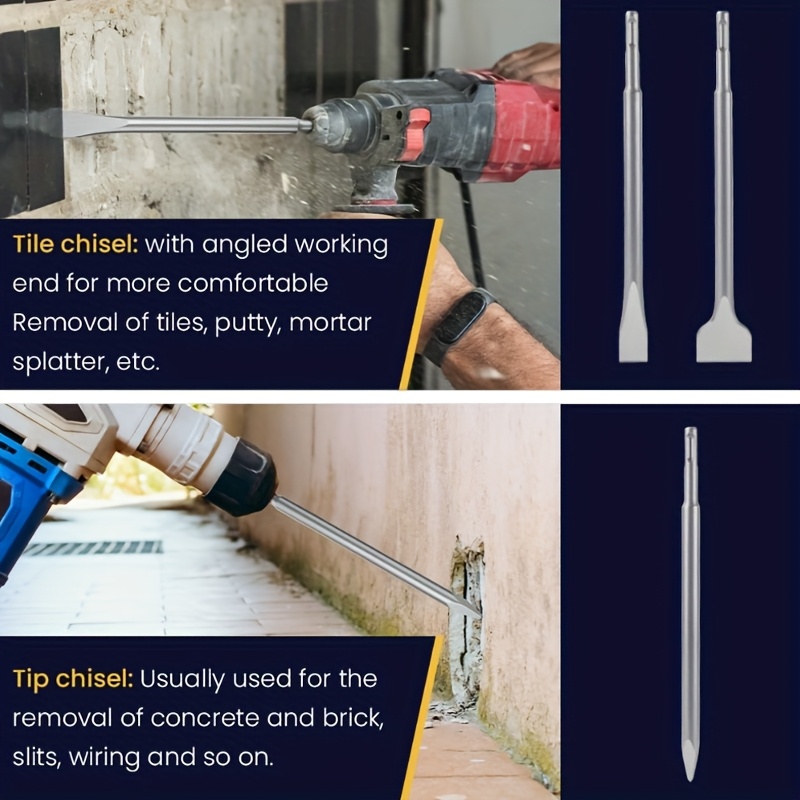 Sds- Plus Rotary Hammer Drill Chisel Set, Point Flat Scaling Chisels, 40CR Sds Plus Drill Bits for Masonry, Concrete, Brick, Stone, Tile Removal, 3pcs - Image 3