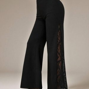 Women's High-Stretch Wide Flare Leg Pants with Lace Paneling - Solid Black Trousers Suitable for Spring/Autumn, Hand Washable Bell-Bottoms for Casual & Dressy Outfits