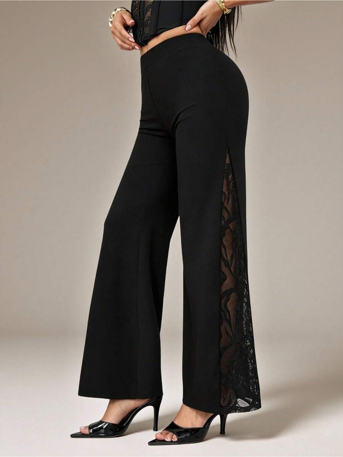 Women's High-Stretch Wide Flare Leg Pants with Lace Paneling - Solid Black Trousers Suitable for Spring/Autumn, Hand Washable Bell-Bottoms for Casual & Dressy Outfits