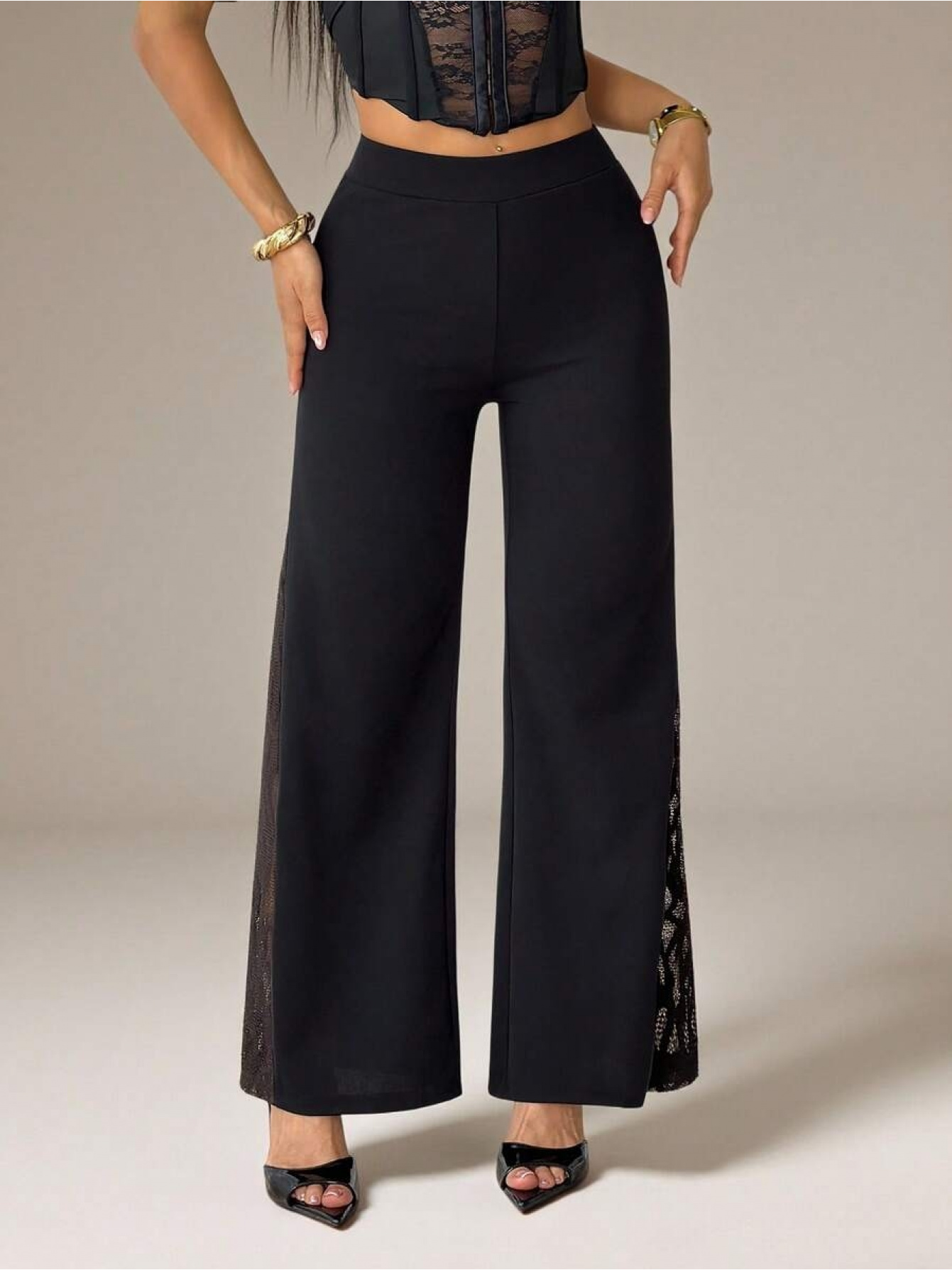 Women's High-Stretch Wide Flare Leg Pants with Lace Paneling - Solid Black Trousers Suitable for Spring/Autumn, Hand Washable Bell-Bottoms for Casual & Dressy Outfits - Image 4