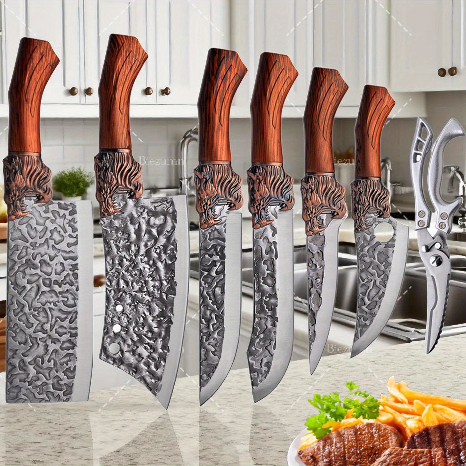 7pcs Kitchen Chef Knife Set; High Quality Chef's Knife; High Hardness Quality Steel Blade, Sharp and Durable; Essential Knives for Home Kitchen/dining; Meat Slicer Knife; Vegetable Knife; Fruit Knife; Butcher Knife; Chicken Deboning Scissors.