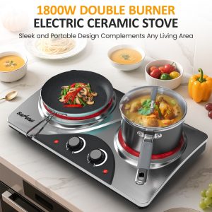 1800W Dual Burner Portable Electric Ceramic Stove: Knob Control, Indicator Light, Compatible with All Cookware, Ideal for Multiple Cooking Scenarios, Silver Electric Cooktop, Portable Stove, Countertop Burners, Silver