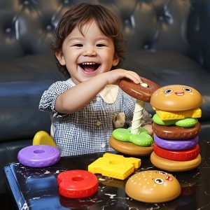 A Toy Designed Like a Stacked Hamburger, Featuring Vibrant Colors to Aid in Recognition, Enhance Hand-Eye Coordination, And Serve As a Rotating Puzzle. an Ideal Present for Birthdays, Christmas, Or Halloween, Suitable for Both Boys And Girls