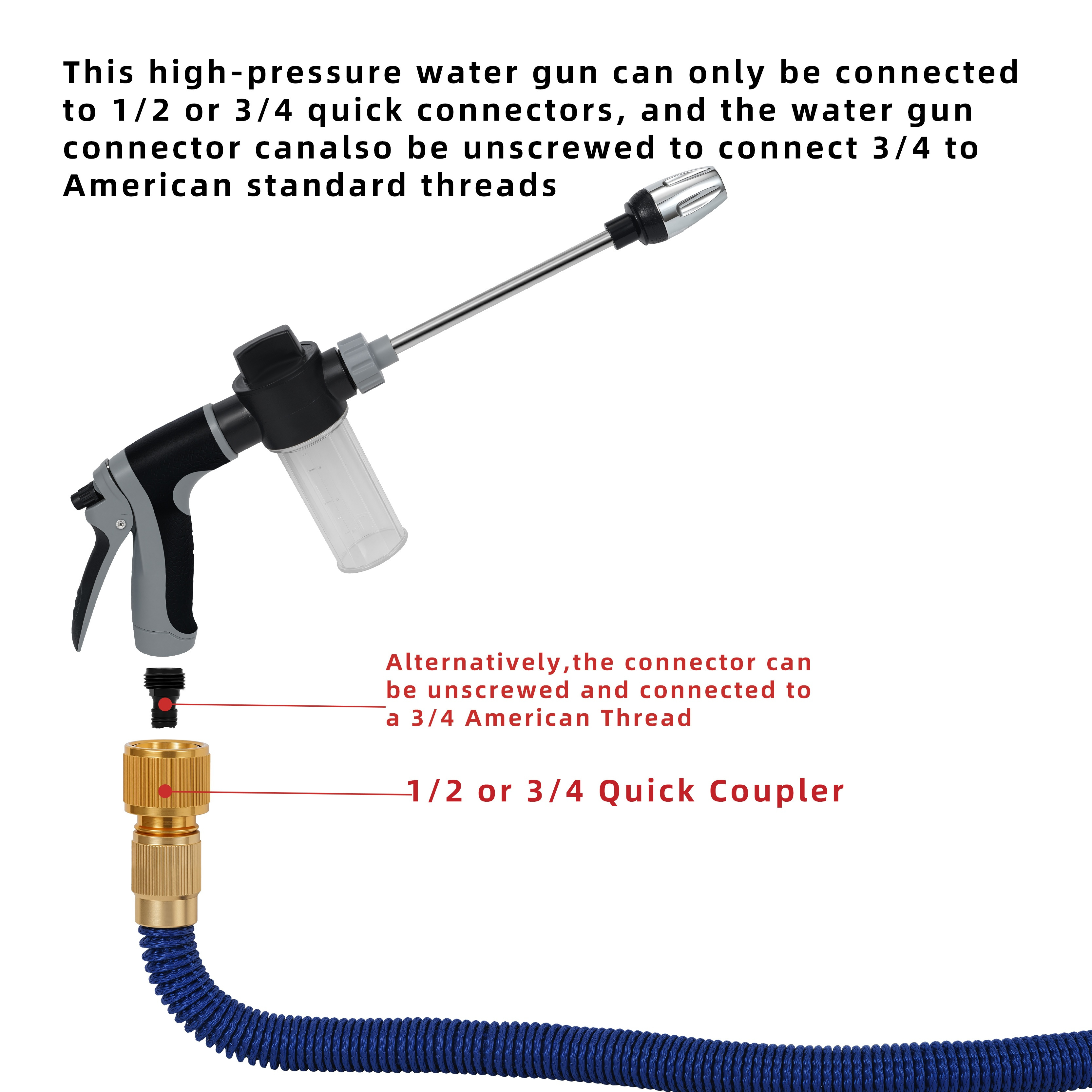 1pc Portable High-Pressure Car Wash Water Gun, Quick Connect Adapters for 3/4 Inch And 1/2 Inch, Multifunctional Garden Hose Nozzle, Adjustable Thickened Rod Spray, Suitable for Car Cleaning And Pet Washing - Image 4