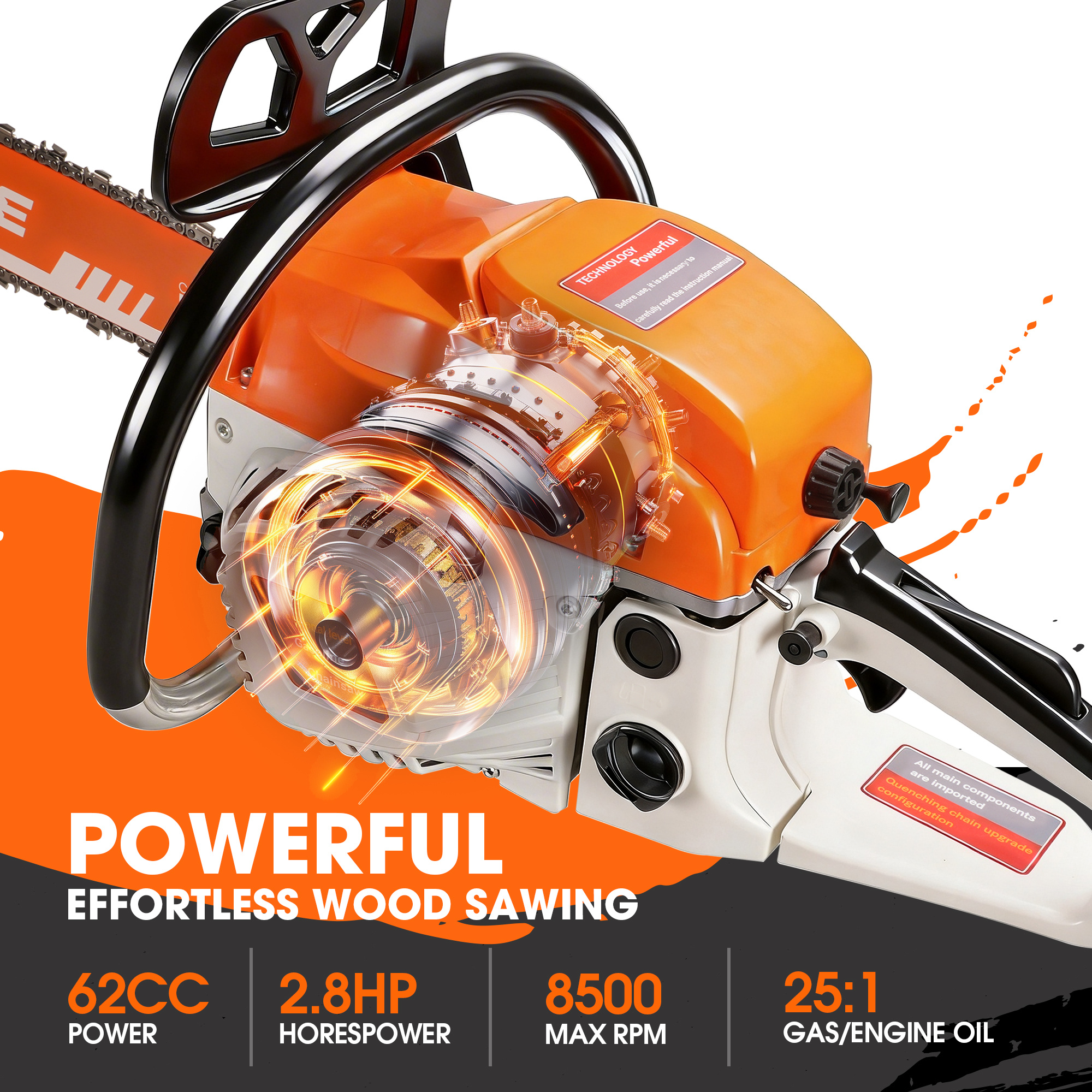 Professional 62CC Gasoline Chainsaw 20 Inch Chain Powerful 2-Stroke Motor for Heavy Duty Wood Cutting Logging Farm Use Durable Quiet Safe with Anti-Vibration Handle Additions Included - Image 7