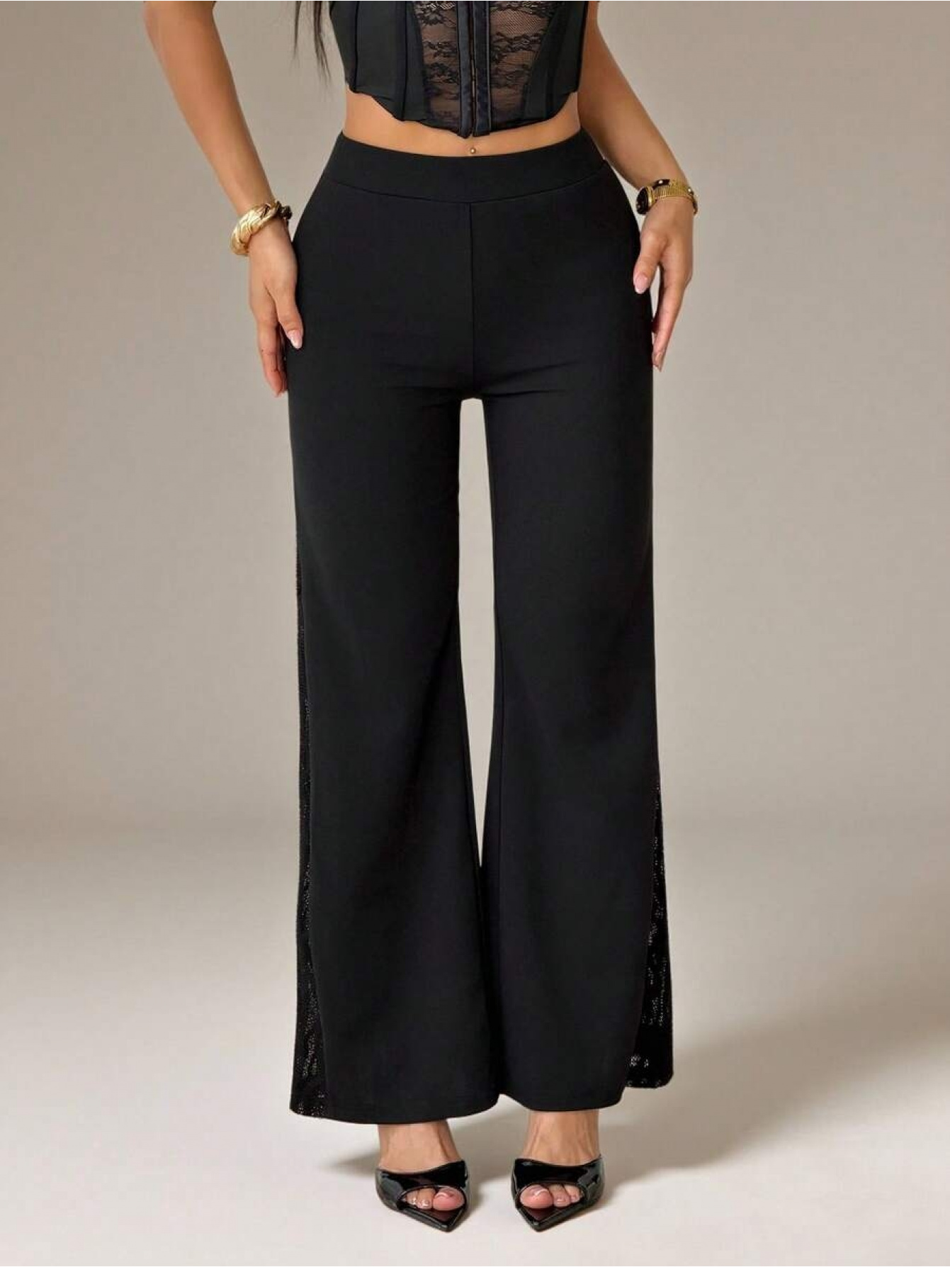 Women's High-Stretch Wide Flare Leg Pants with Lace Paneling - Solid Black Trousers Suitable for Spring/Autumn, Hand Washable Bell-Bottoms for Casual & Dressy Outfits - Image 2