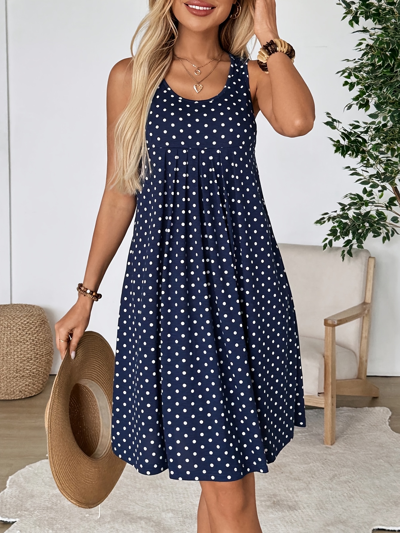 Summer New Women'S Elegant Casual Vacation Style Sleeveless Polka Dot Dress, A-Line Loose Fit - Image 3