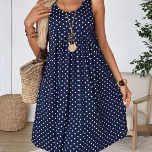 Summer New Women'S Elegant Casual Vacation Style Sleeveless Polka Dot Dress, A-Line Loose Fit