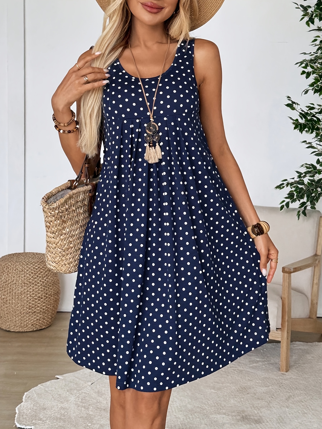 Summer New Women'S Elegant Casual Vacation Style Sleeveless Polka Dot Dress, A-Line Loose Fit