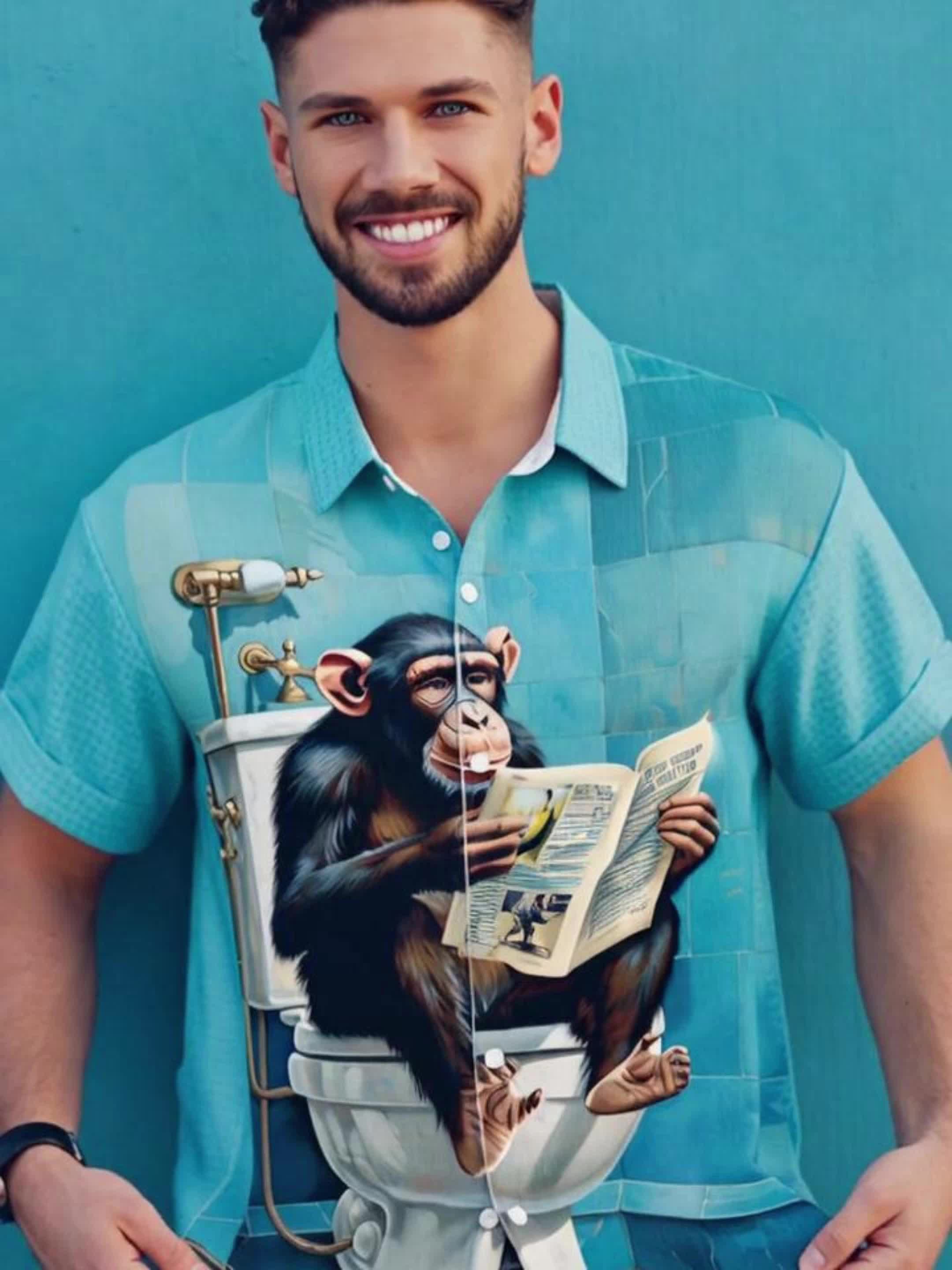 Funny Gorilla Reading Newspaper Pattern 3D Printed Men's Shirt, Fashionable Casual Hip-Hop Rock Streetwear Hawaiian Shirt - Image 7