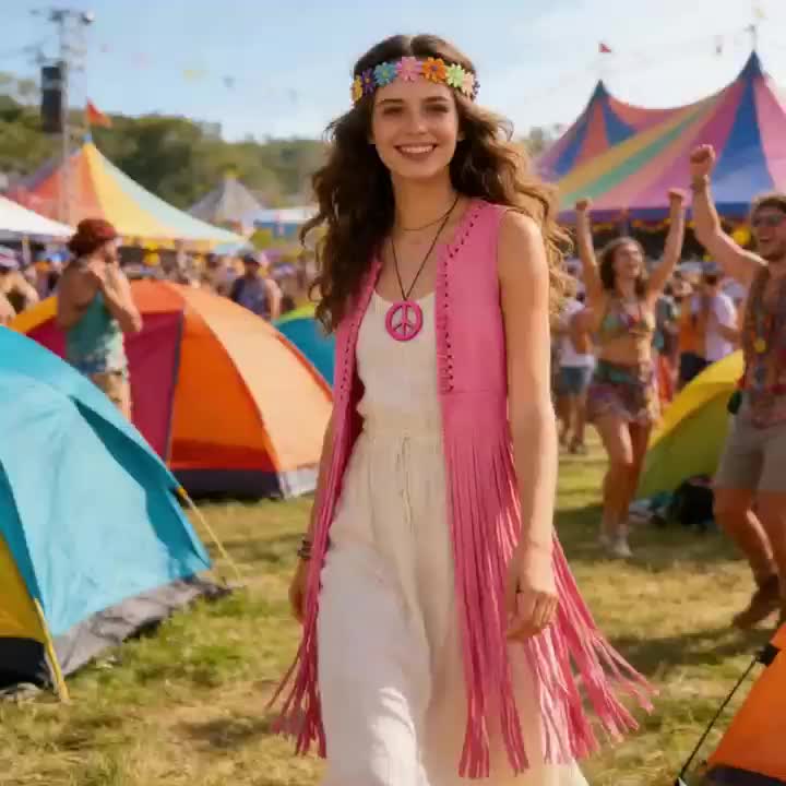 60s 70s Retro Hippie 3pcs Outfit, Pink Striped Tank Top with Headband & Round Badge Accessories, Halloween Costume for Theme Party, Music Festival & Cosplay - Image 7