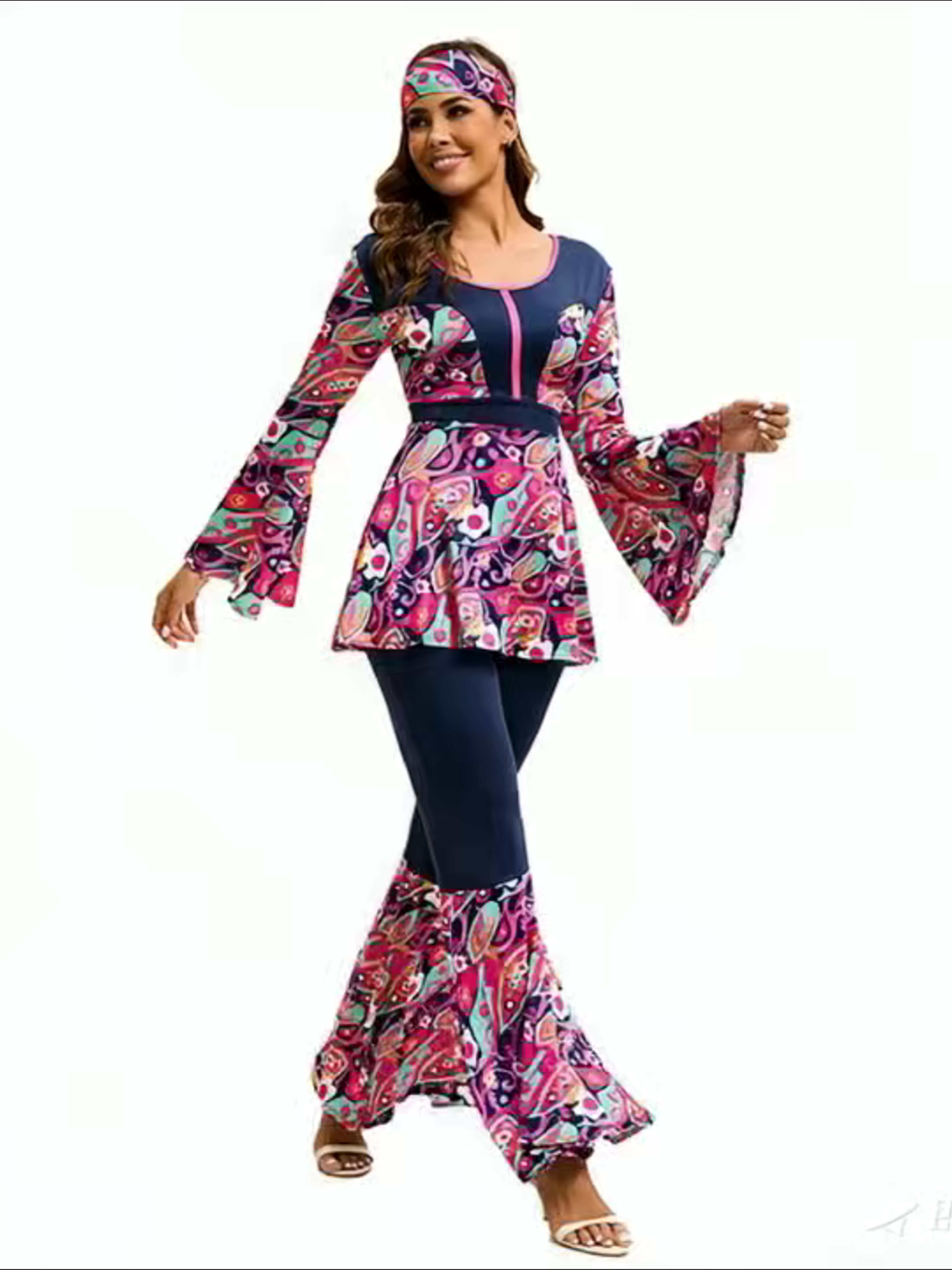 4pcs Set of 70s Hippie Disco Retro Clothing for Women, Including Long Sleeved Shirt+flared Pants+headband+peace Pendant, Holiday Costume Set, Cosplay Costume, Halloween Costume Decoration - Image 6