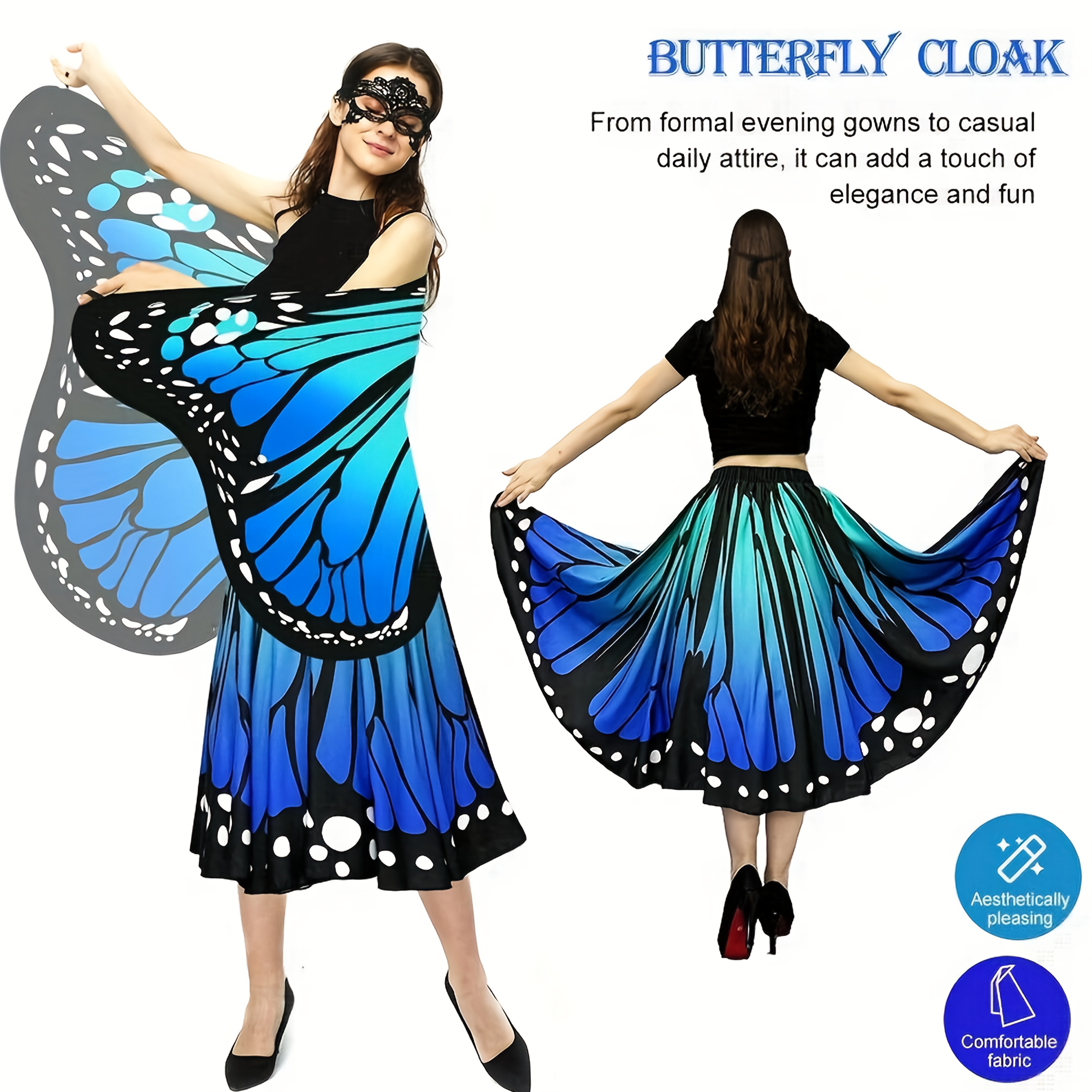 Women'S 4pcs Butterfly Costume Set with Cape, Skirt, Lace Mask And Antenna Headband - Lightweight Halloween Outfit for Christmas Parties, Carnival Parades, Cosplay Events And Masquerade Balls - Perfect Gift for Her - Image 12