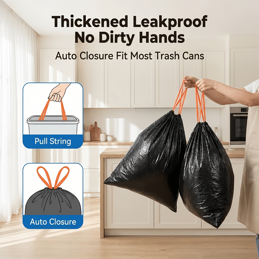 1Roll/200pcs Thickened Leak-Proof Drawstring Black Trash Bags, Suitable for Home, Office, Kitchen, Bathroom, Outdoor, Commercial Use - Compatible with Trash Cans And Bins, Kitchen Waste Disposal, Safe Drawstring Closure