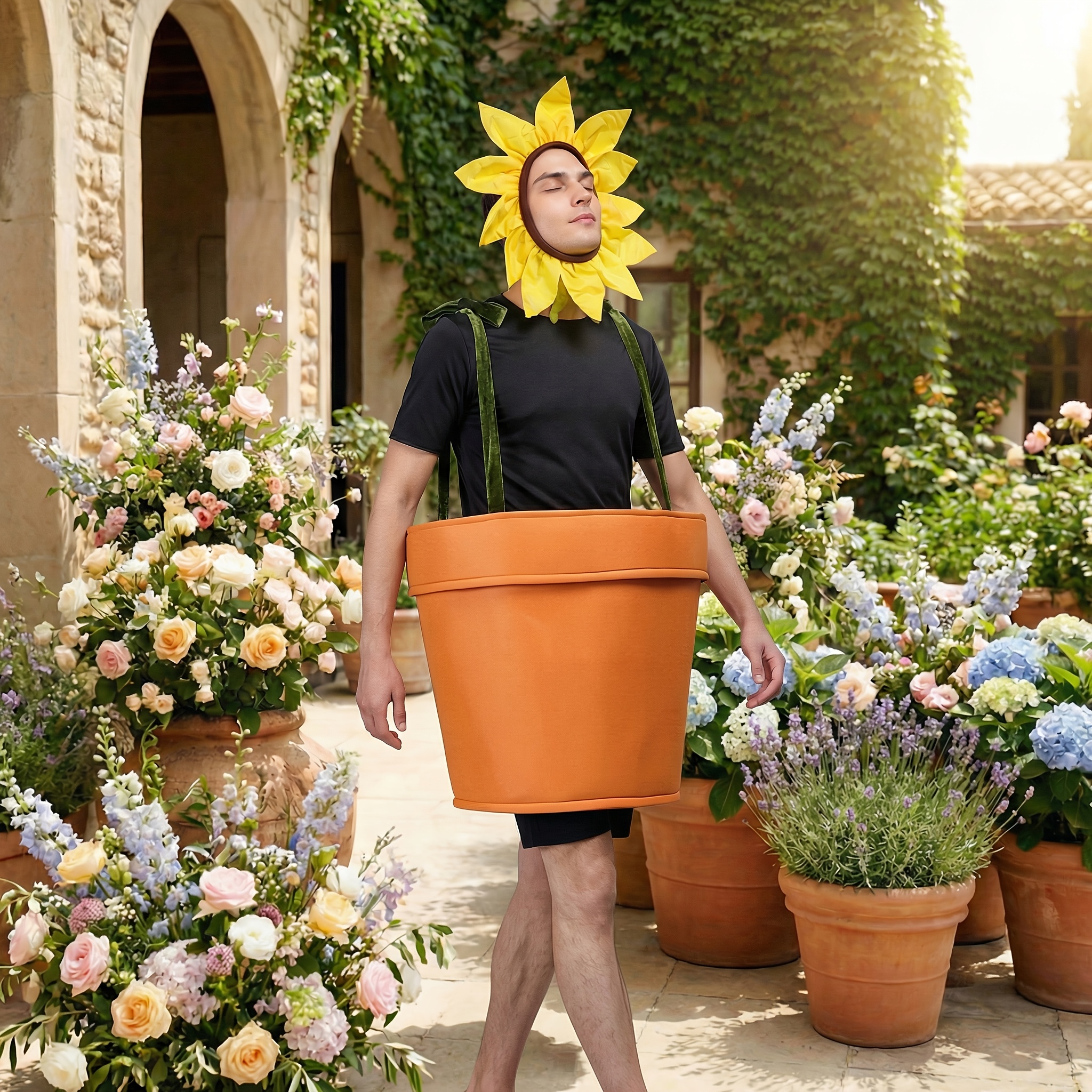 Plus Size Two-Piece Unisex Funny Sunflower Costume Potted Plant Flower Pot Halloween Christmas Carnival Reading Festival