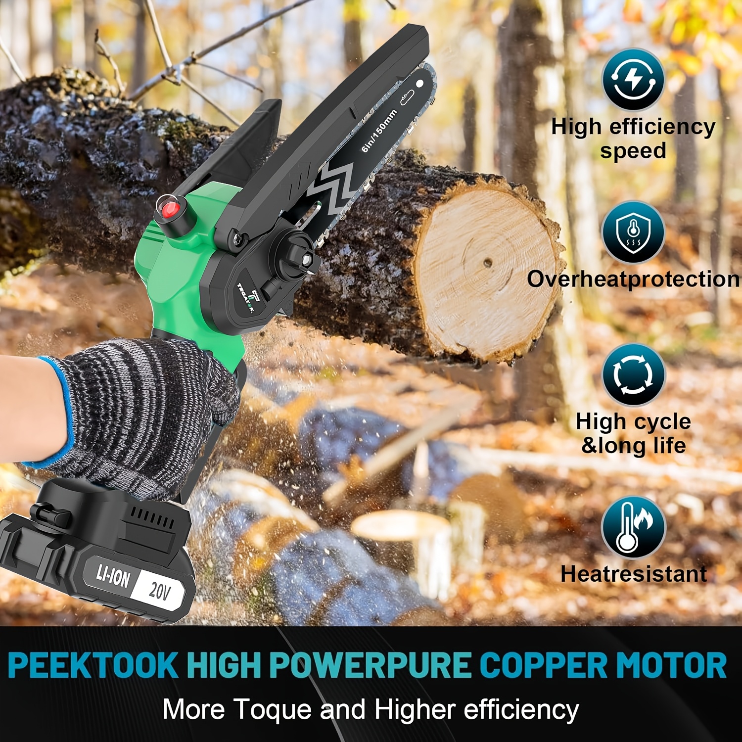 10 Inch/6 Inch Cordless Electric Chainsaw | 20V, 2*4.0Ah Lithium Batteries, 2*Chains, Charger, Efficient Cutting, for Wood Trimming, Woodworking, Landscaping, Yard Pruning - TEGATOK