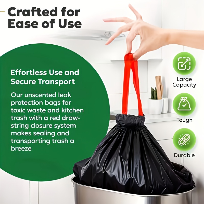 1Roll/200pcs Thickened Leak-Proof Drawstring Black Trash Bags, Suitable for Home, Office, Kitchen, Bathroom, Outdoor, Commercial Use - Compatible with Trash Cans And Bins, Kitchen Waste Disposal, Safe Drawstring Closure - Image 2