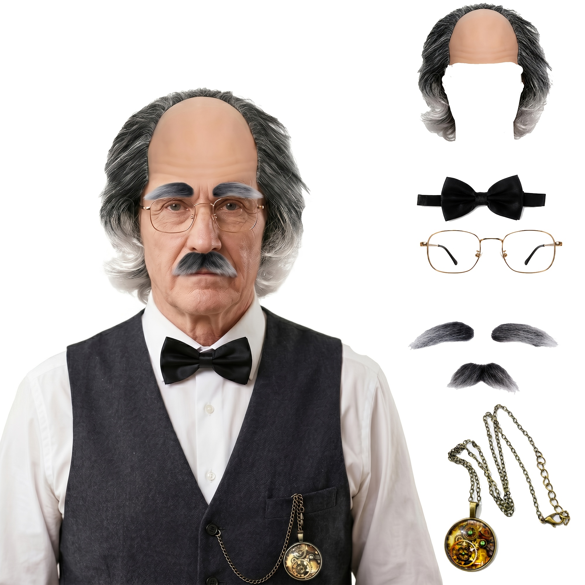5pcss Halloween Fun Elderly Gray Bald Hat And Beard And Faux Pocket Watch Necklace And Glasses And Bow Tie 5pcss Set, Men'S Halloween Cosplay Costume, Suitable for Party Stage Performance Dress-Up, Holiday Performance