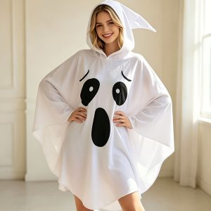 Cartoon Ghost Print Hooded Cape, Halloween Party Outfit for Women, Fun Ghost Cosplay Costume