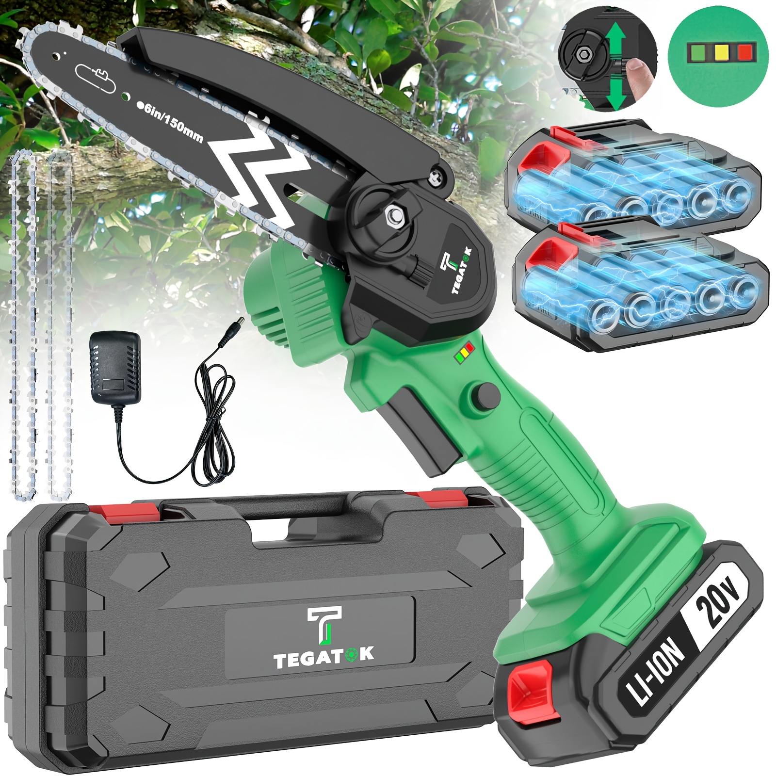 10 Inch/6 Inch Cordless Electric Chainsaw | 20V, 2*4.0Ah Lithium Batteries, 2*Chains, Charger, Efficient Cutting, for Wood Trimming, Woodworking, Landscaping, Yard Pruning - TEGATOK