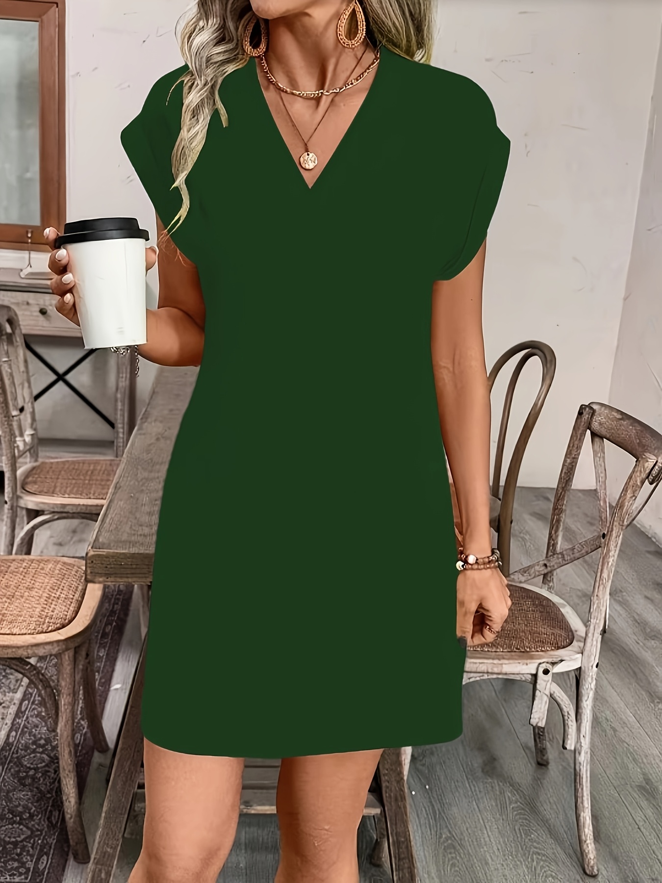 Women's Dress, New Summer Style, V-Neck Short Sleeve Loose Fit Casual Dress, Elegant and, Simple and Generous for Daily Commuting, Vacation Beach Dress, Party Outfit, Comfortable and Breathable, A-Line Cut, European and American Style - Image 9