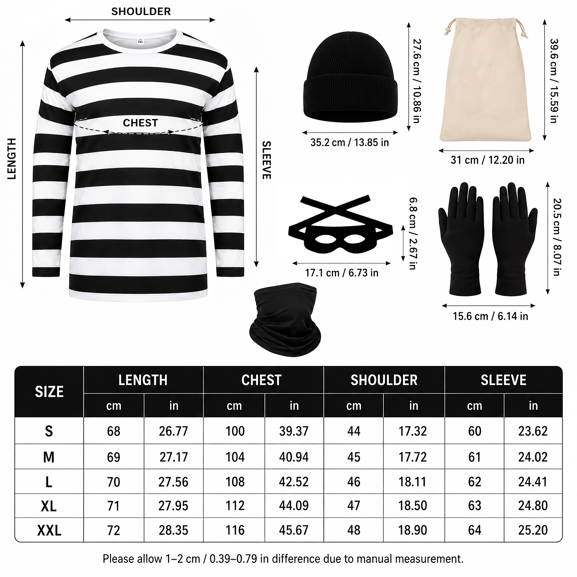 6pcs Halloween Thief Costume Set, Including a Black and White Striped Long-sleeve Top, Black Hat, Face Mask, Strapped Blindfold, Black Gloves, and a Drawstring Money Pouch. Suitable for Halloween Parties and Escape Room Themed Funny Role-playing